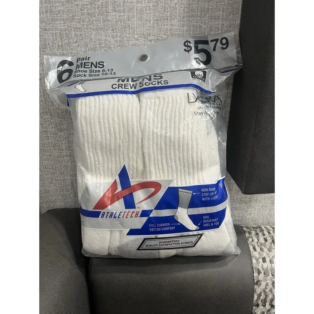 6 Vintage Kmart Athletech Crew Socks White Men’s Shoe Sz 6-12 Cotton Blend USA